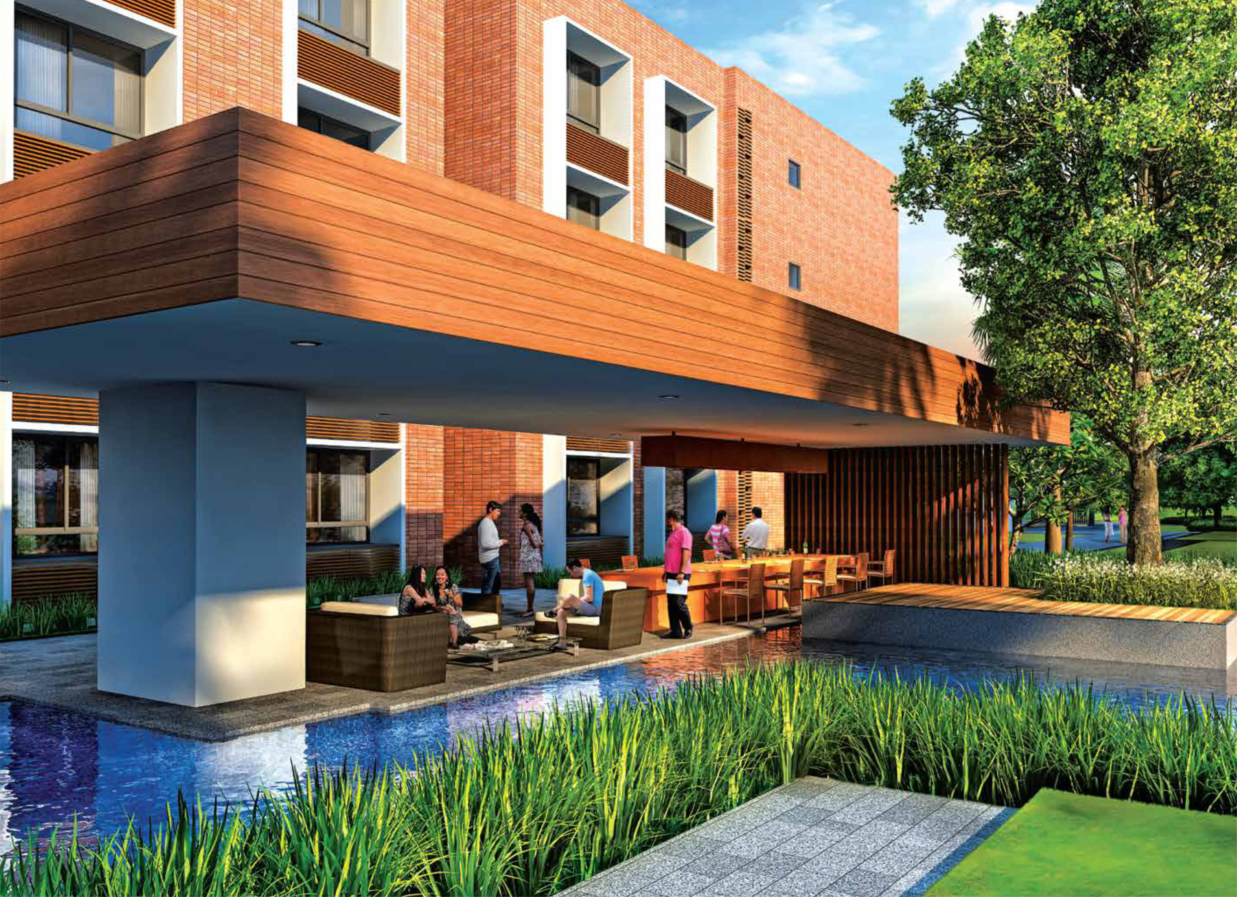 Artist's render of a brick residential building entrance and landscaped water feature at Marvel Piazza.