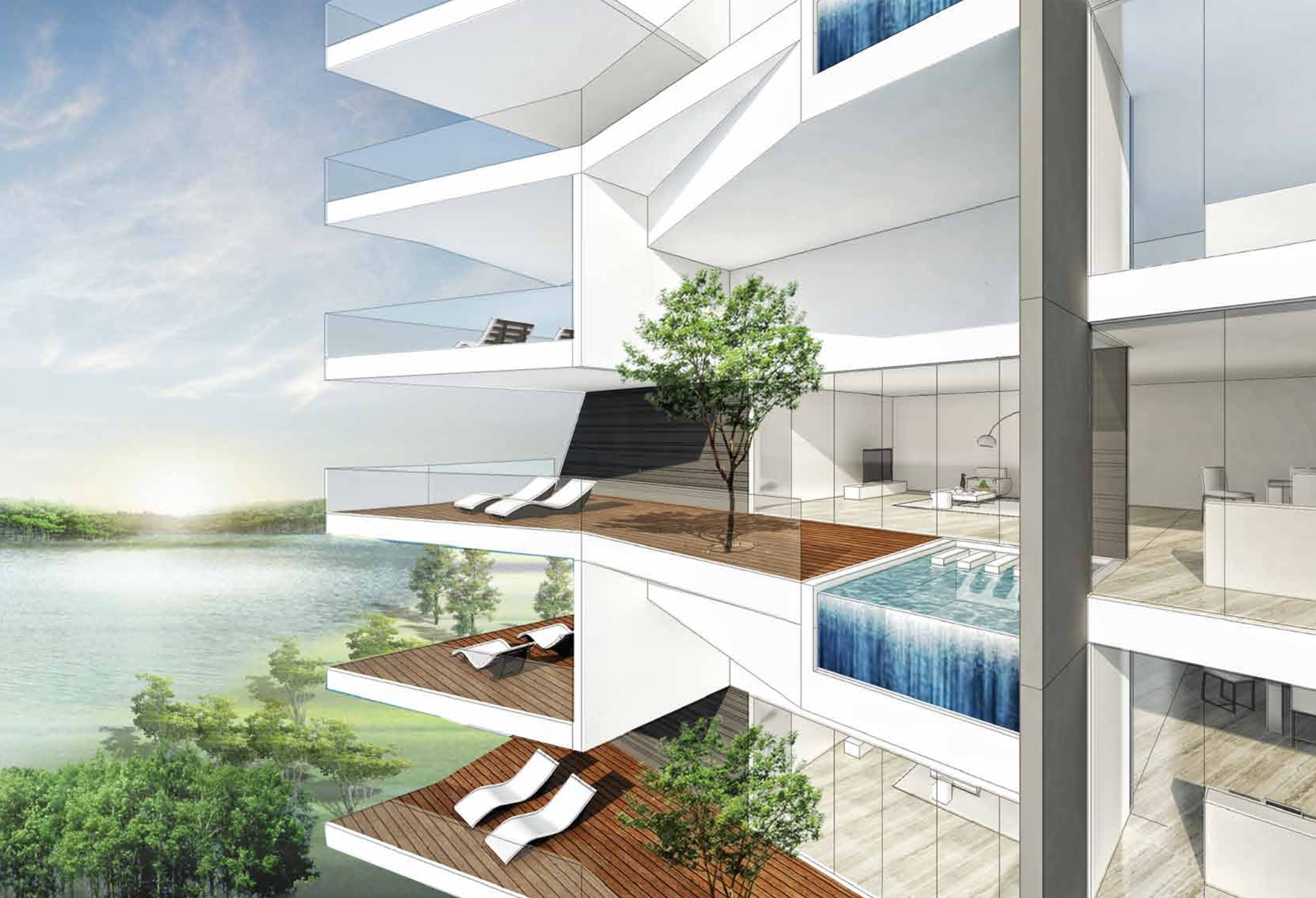 Artist render of white residential terraces, plunge pools, and river views at Marvel Ribera.