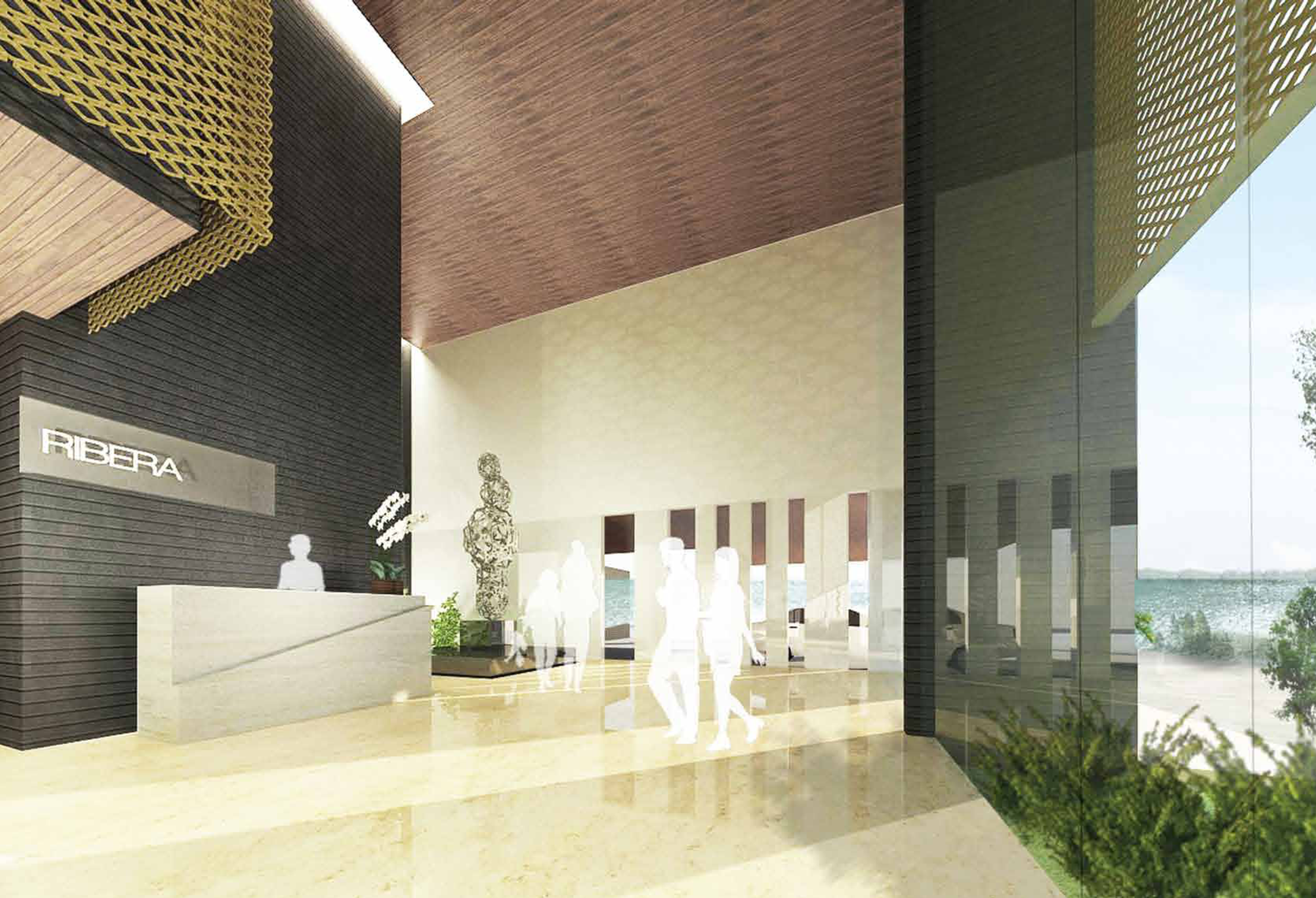 Artist render of the Ribera reception lobby with the Ribera name on the wall.